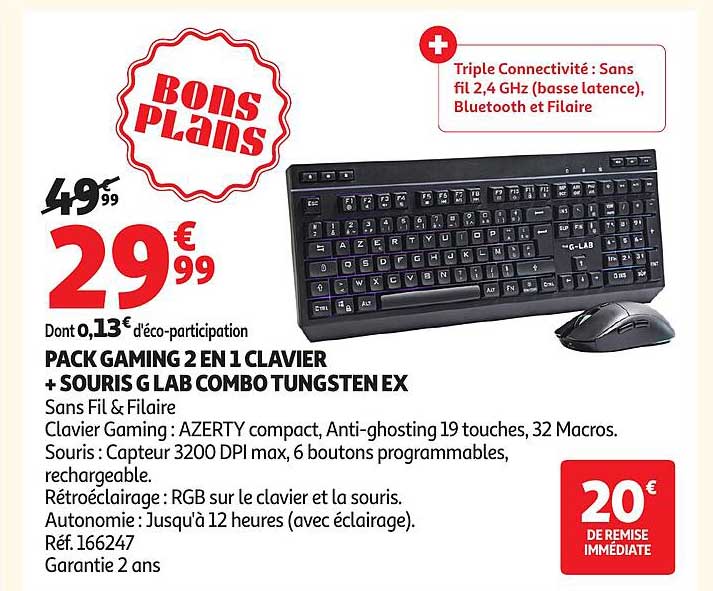 PACK GAMING 2 EN 1 CLAVIER + SOURIS G LAB COMBO TUNGSTEN EX