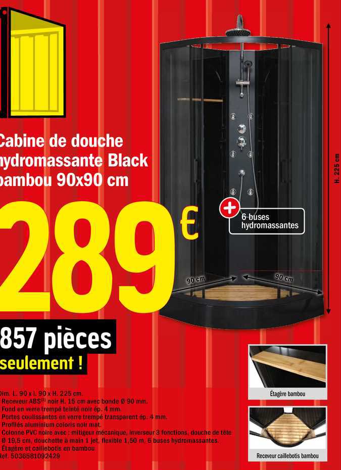 cabine de douche hydromassante black bambou 90x90 cm