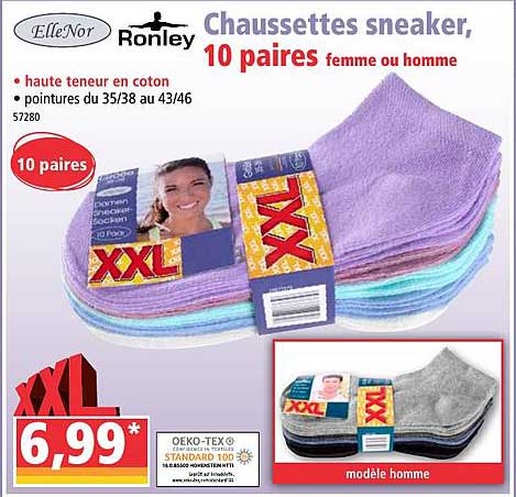 chaussettes sneaker 10 paires xxl femme ou homme ellenor ronley
