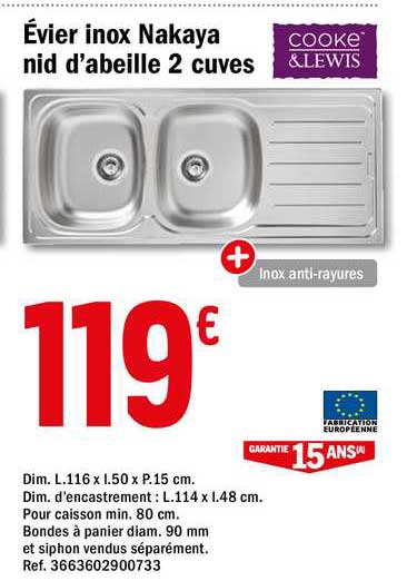 évier inox nakaya nid d'abeille 2 cuves cooke&lewis