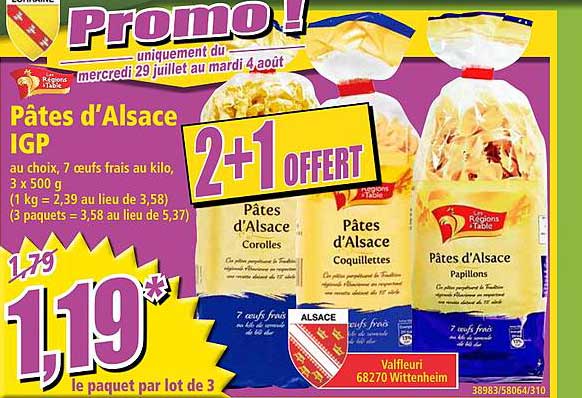 Pâtes D'alsace Igp Les Régions à Table 2+1 Offert