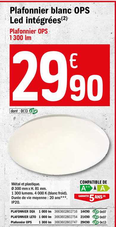 Plafonnier Blanc Ops Led Intégrées