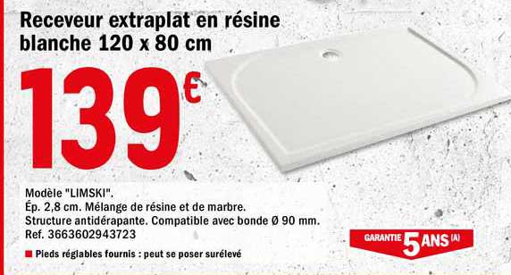 receveur extraplat en résine blanche 120 x 80 cm
