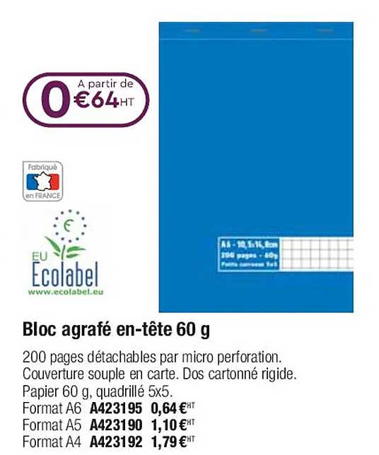 bloc agrafé en-tête 60 g ecolabel