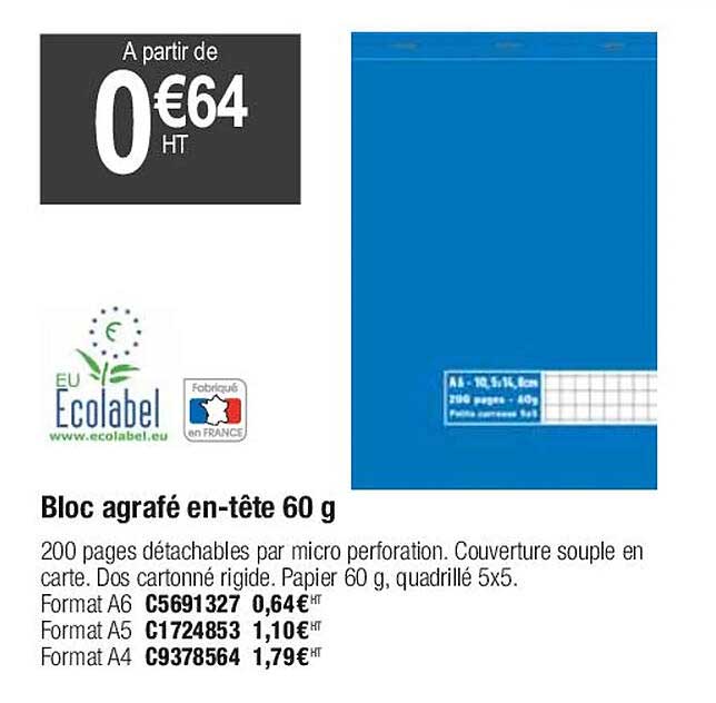 bloc agrafé en-tête 60g ecolabel