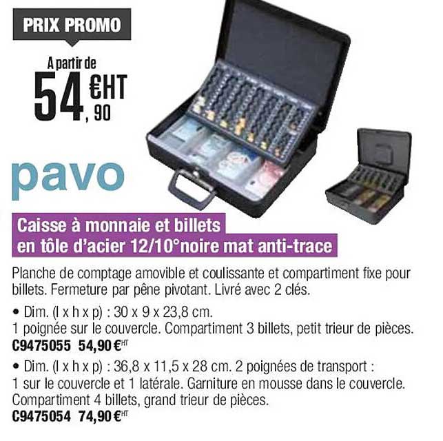 caisse à monnaie et billets en tôle d'acier 12 10° noire mat anti-trace pavo