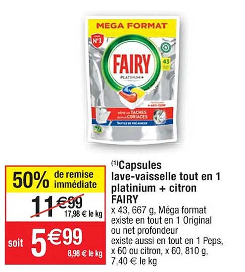 capsules lave-vaisselle tout en 1 platinium + citron fairy