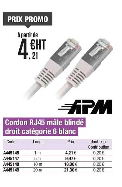 cordon rj45 mâle blindé droit catégorie 6 blanc