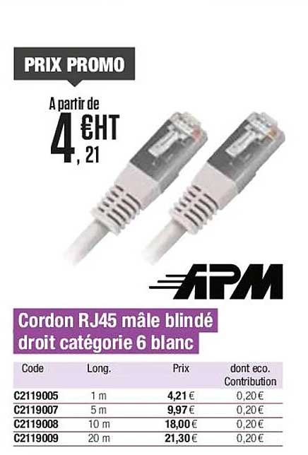 cordon rj45 mâle blindé droit catégorie 6 blanc