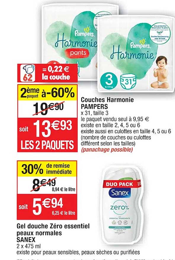 couches harmonie pampers, gel douche zéro essentiel peaux normales sanex
