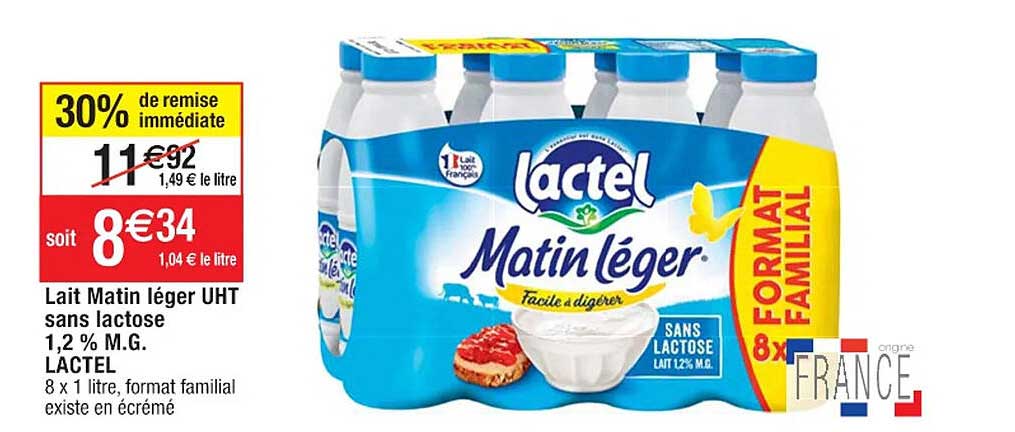 lait matin léger uht sans lactose 1,2% m.g. lactel