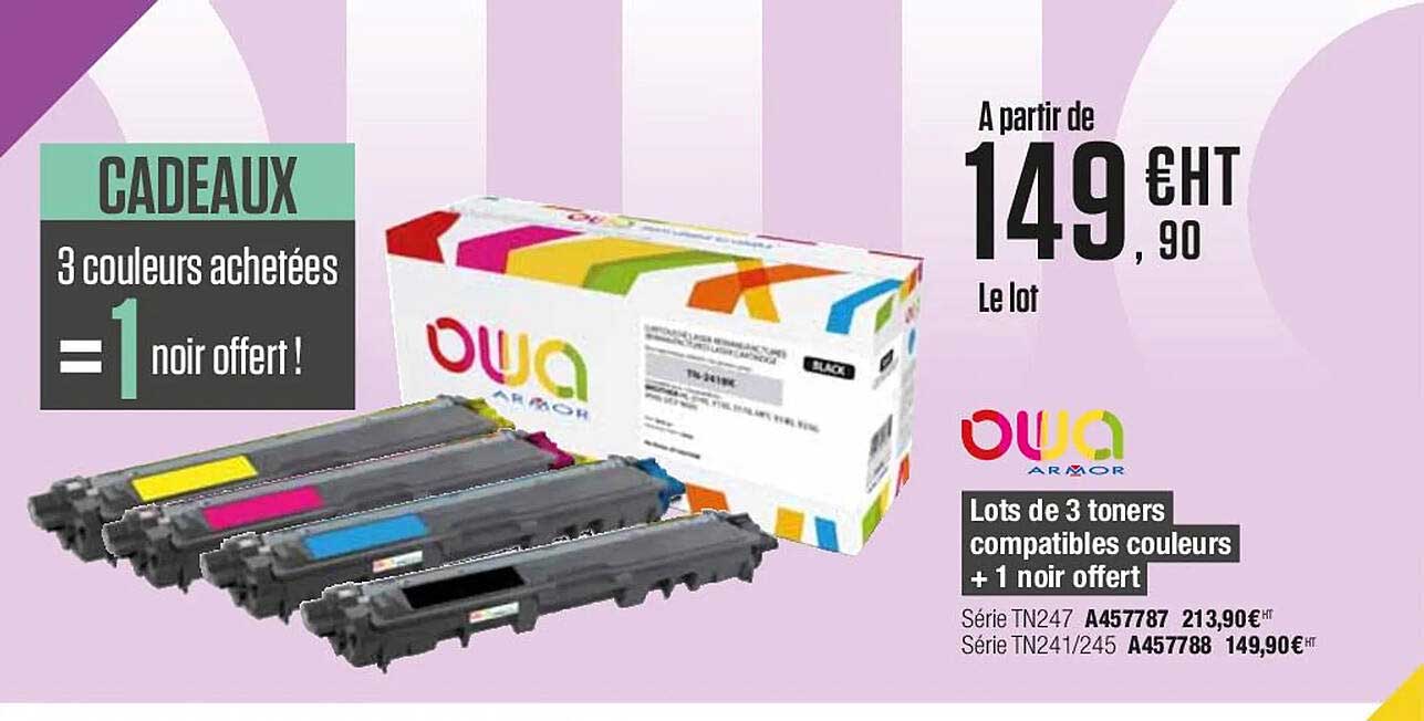 lots de 3 toners compatibles couleurs + 1 noir offert