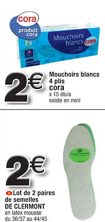 mouchoirs blancs 4 plis cora, lot de 2 paires de semelles de clermont