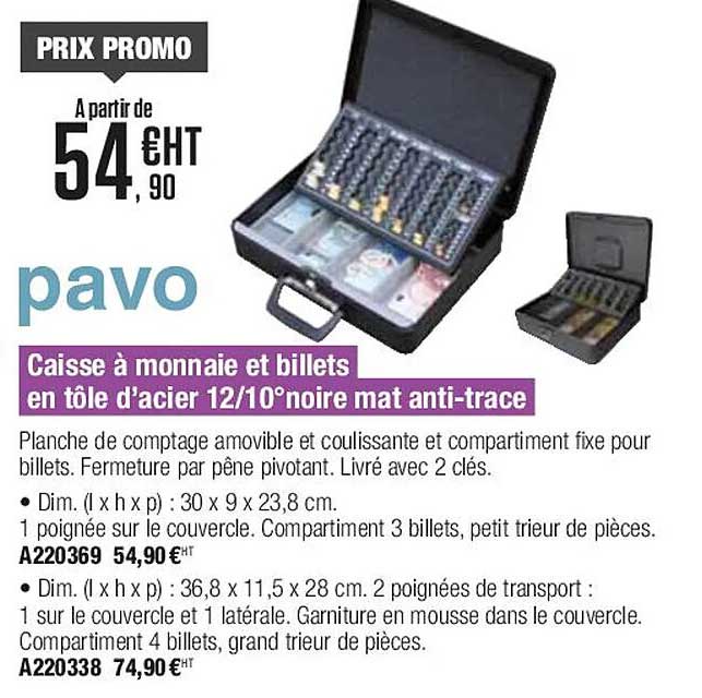 pavo caisse à monnaie et billets en tôle d'acier 12 10° noire mat anti-trace