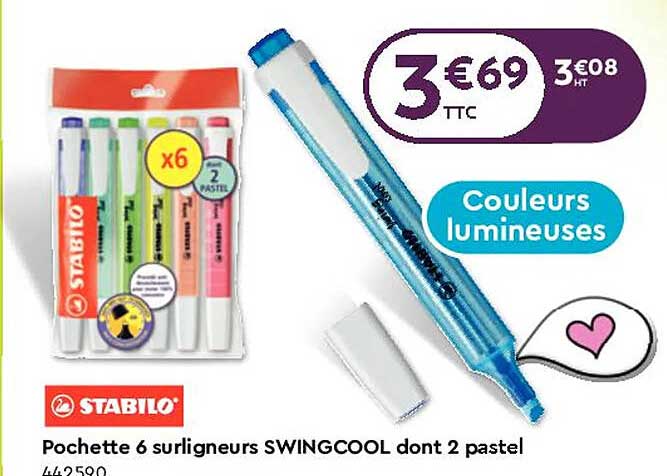 Stabilo Pochette 6 Surligneurs Swingcool Dont 2 Pastel