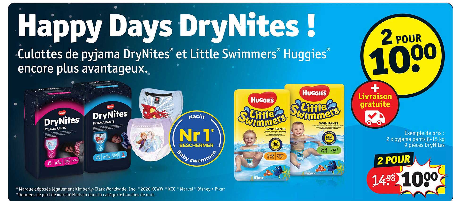 culottes de pyjama dry nites et little swimmers huggies