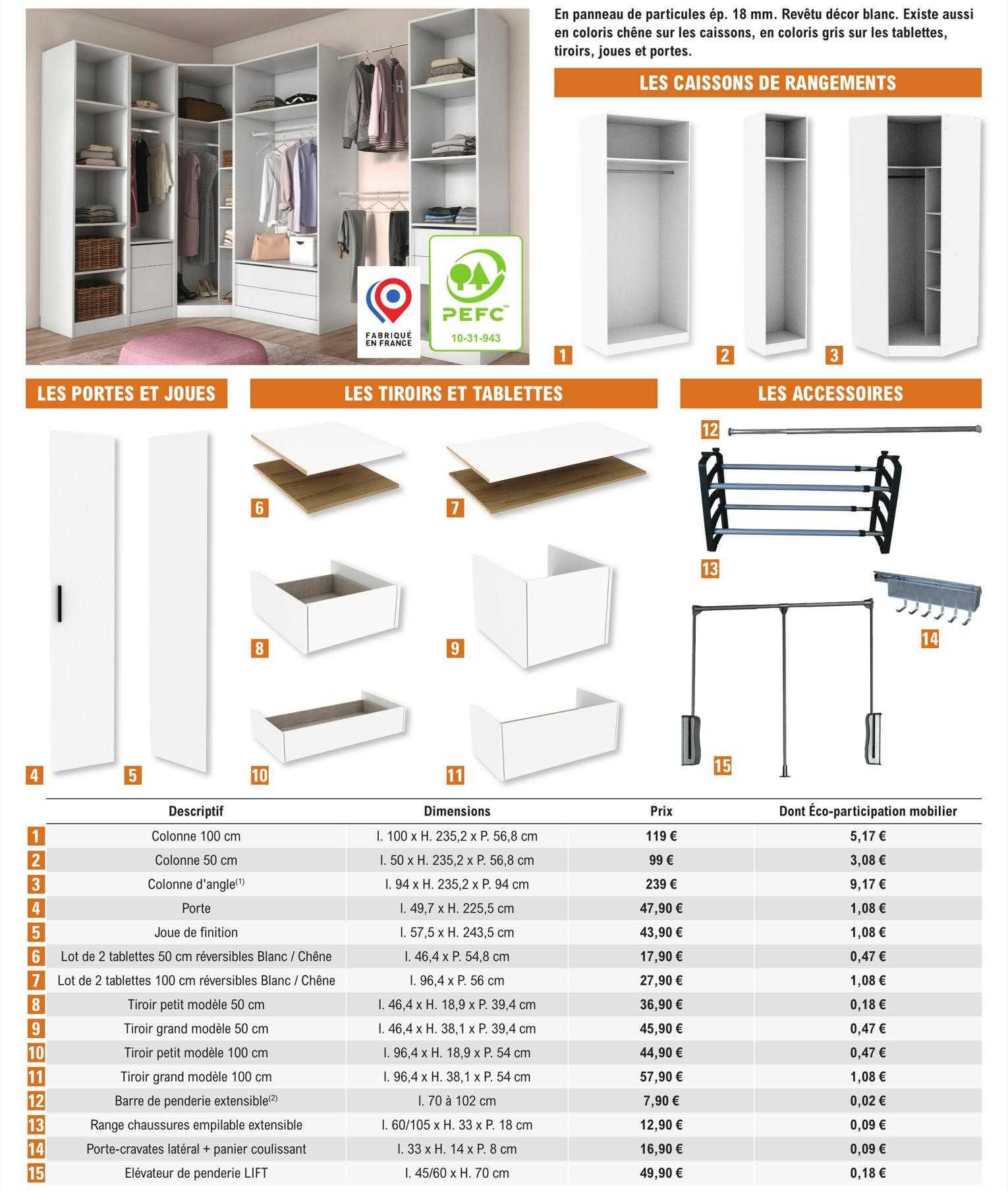 les portes et joues, les tiroirs et tablettes, les accessoires, les caissons de rangements