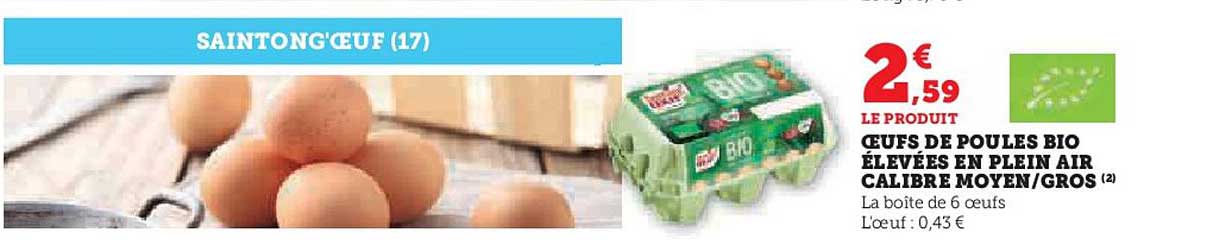 œufs de poules bio élevées en plein air calibre moyen/gros