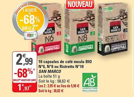 10 capules de café moulu bio ou ristretto san marco