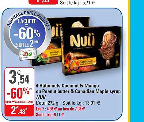4 bâtonnets coconut & mango ou peanut butter & canadian maple syrup nui -60% sur le