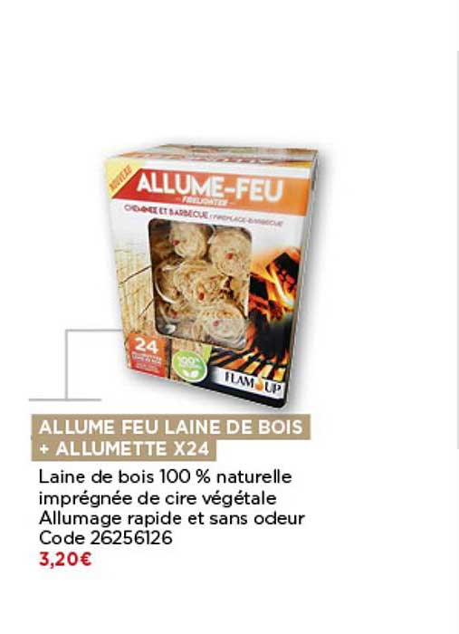 allume feu laine de bois + allumette x24