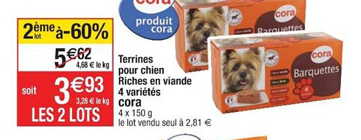 barquettes terrines pour chien riches en viande 4 variétés 2ème lot à -60%