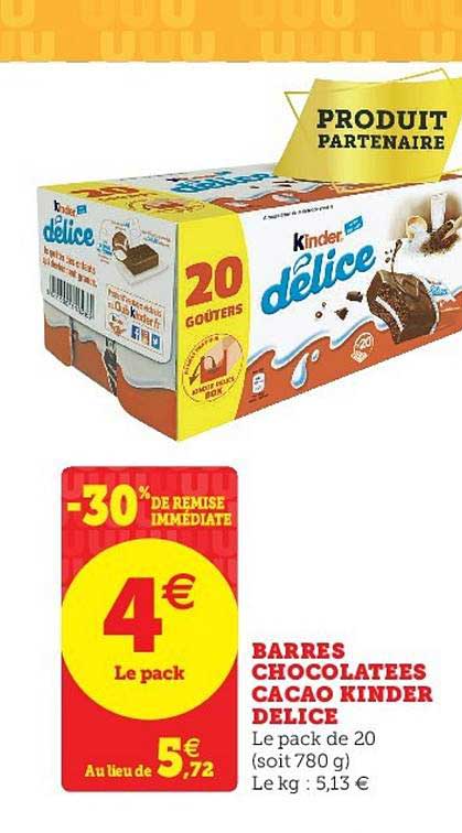 barres chocolatée cacao kinder délice -30% de remise immédiate