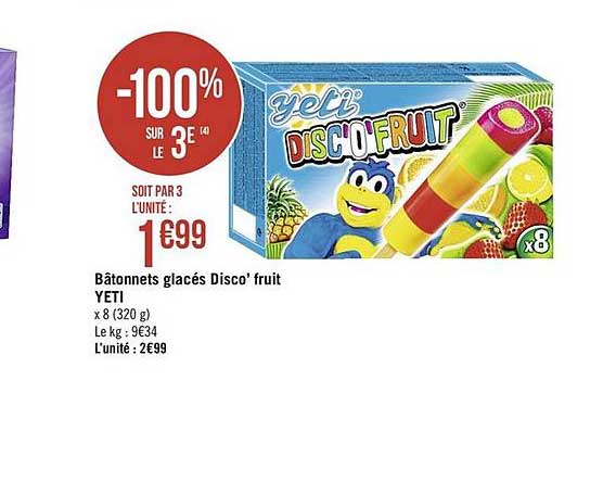 bâtonnets glacés disco fruit yeti -100% sur le 3e