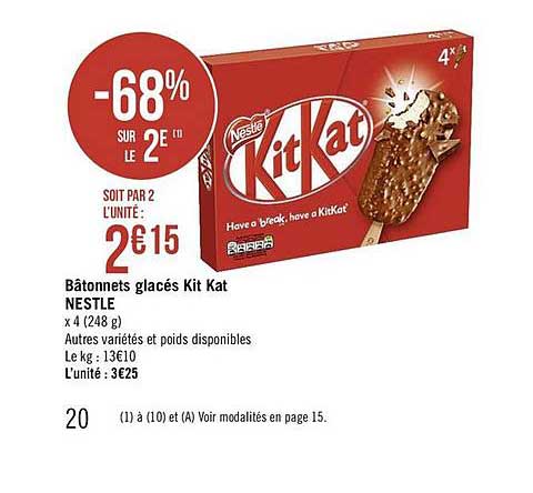 Bâtonnets Glacés Kit Kat Nestlé -68% Sur Le 2e