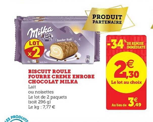 biscuit roulé fourré crème enrobé chocolat milka -34% de remise immédiate