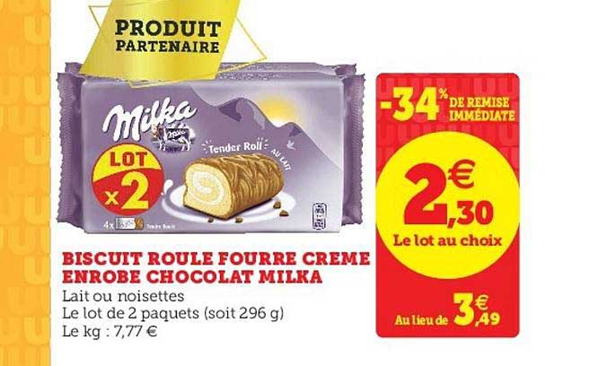 biscuit roulé fourré crème enrobé chocolat milka -34% de remise immédiate