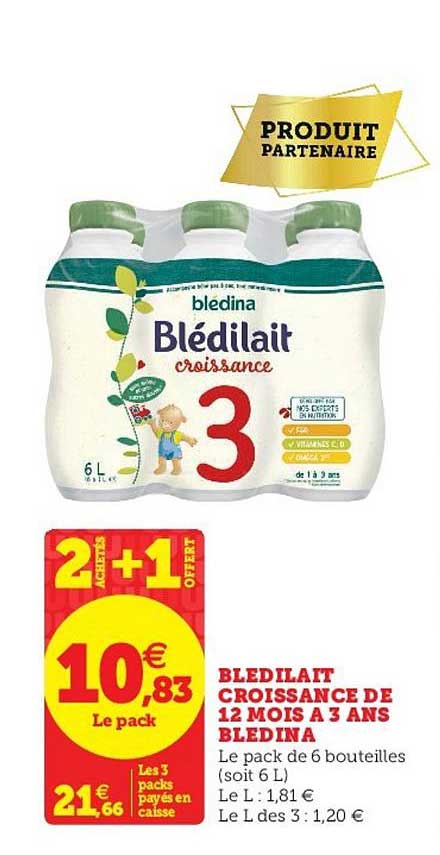 blédilait croissance de 12 mois à 3 ans blédina 2+1 offert
