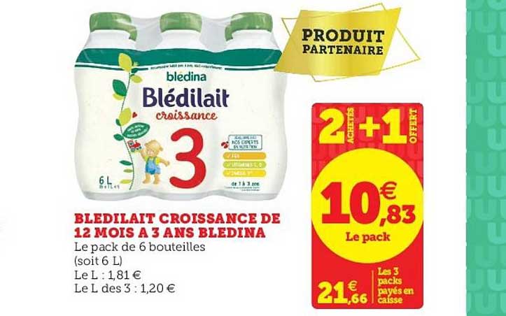 bledilait croissance de 12 mois à 3 ans blédina 2 achetés + 1 offert