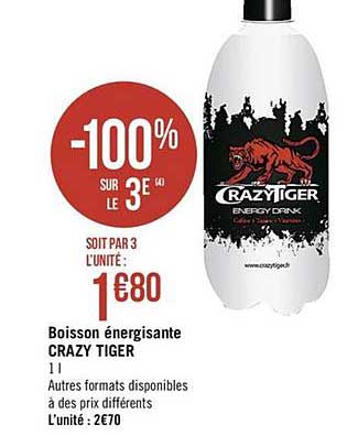boisson énergisante crazy tiger -100% sur le 3e