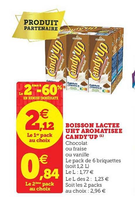 boisson lactée uht aromatisée candy'up le 2ème à -60% en remise immédiate
