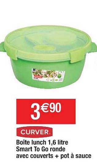 boîtes lunch 1.6 litre smart to go ronde avec couverts + pot à sauce curver