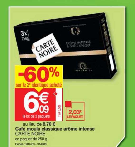 café moulu classique carte noire arôme intense -60% sur le 2e identique acheté