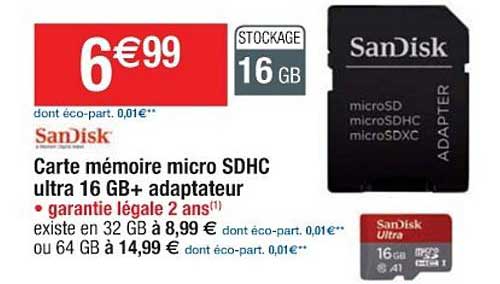 carte mémoire micro sdhc ultra 16 gb+ adaptateur sandisk