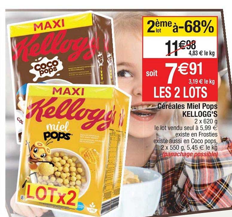 céréales miel pops kellogg's 2ème lot à -68%
