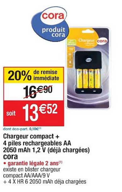chargeur compact + 4 piles rechargeables aa 2050 mah 1.2 v déjà chargées cora 20% de remise immédiate