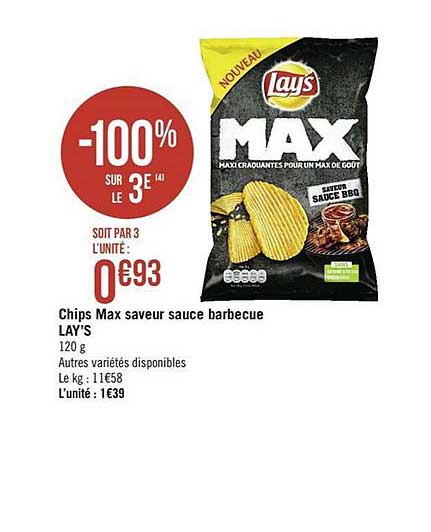 chips max saveur sauce barbecue lay s -100% sur le 3e