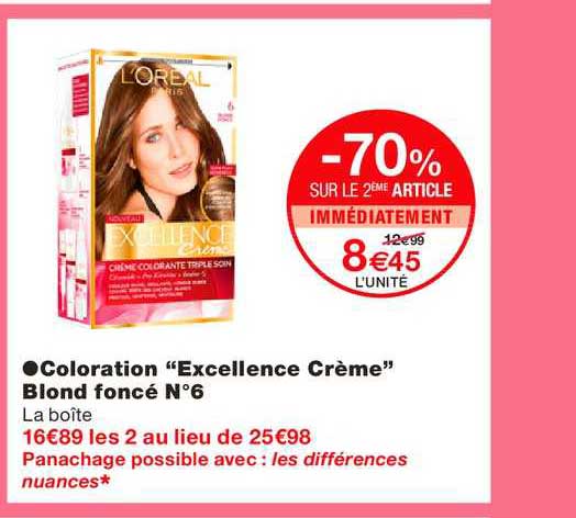 coloration excellence crème blond foncé n°6 -70% sur le 2e