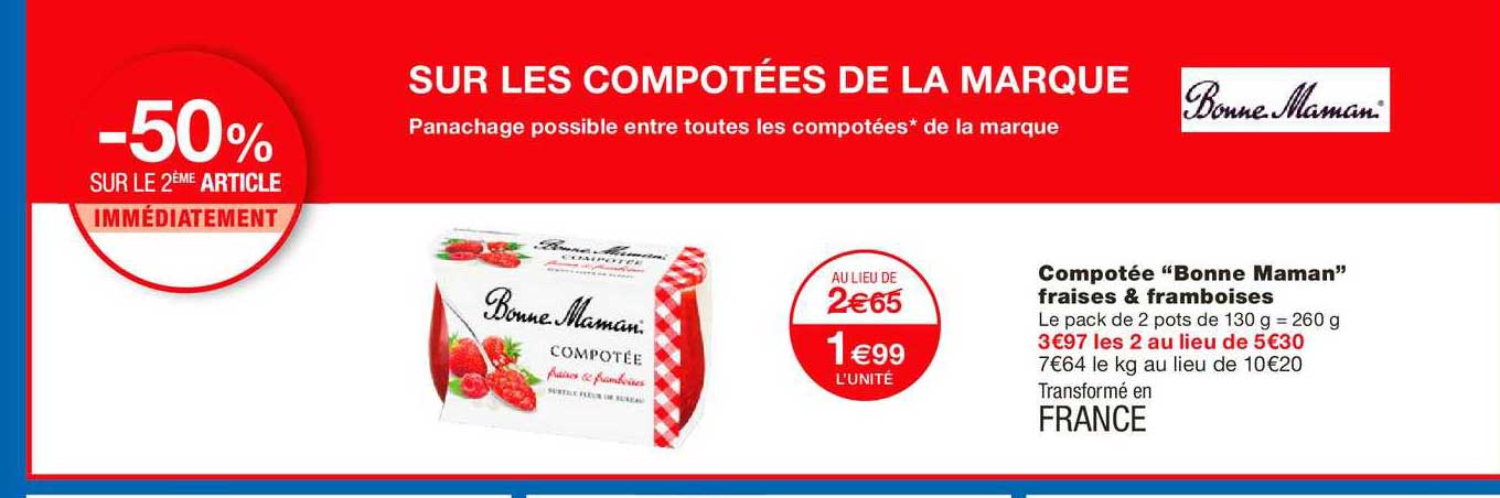 compotée bonne maman fraises & framboises -50% sur le 2e