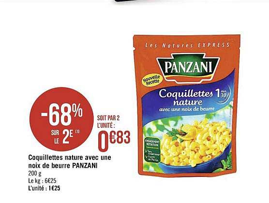 coquillettes nature avec une noix de beurre panzani -68% sur le 2e