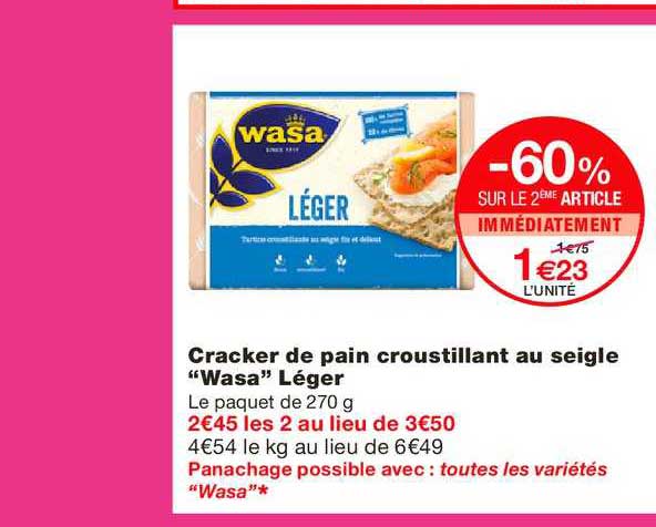 cracker de pain croustillant au seigle wasa léger -60% sur le 2e