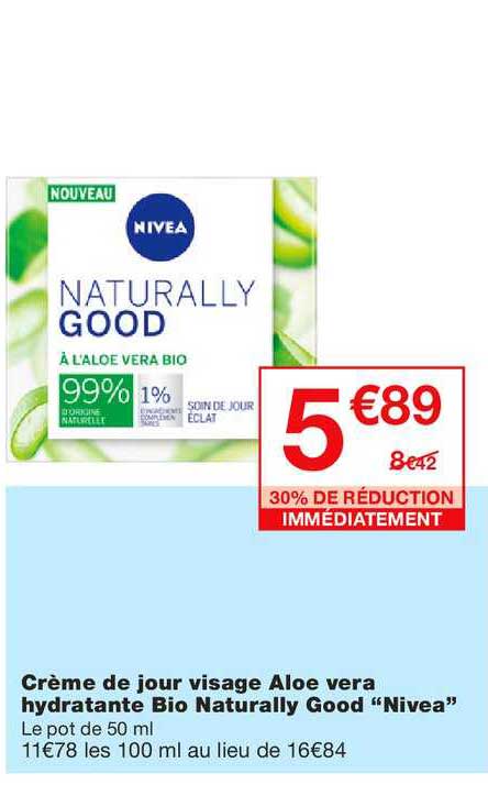 crème de jour visage aloe vera hydratante bio naturally good nivea 30% de réduction immédiatement