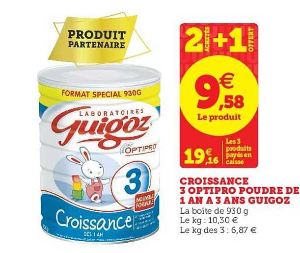 croissance 3 optipro poudre de 1 an à 3 ans guigoz 2 achetés + 1 offert