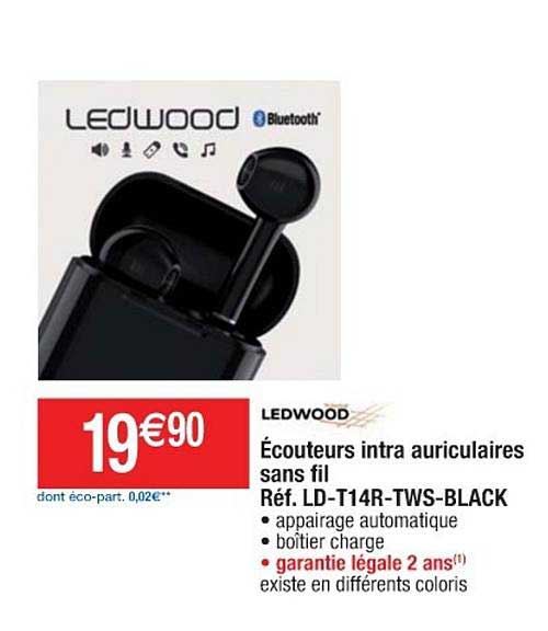 écouteurs intra auriculaires sans fil réf. ld t14r tws black ledwood