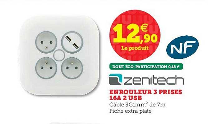 enrouleur 3 prises 16a 2 usb zenitch