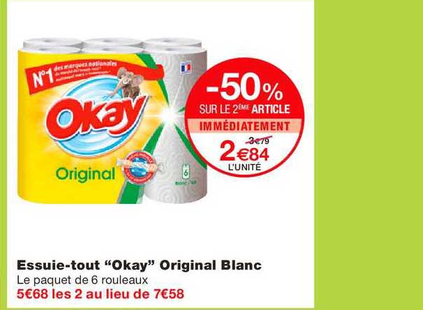 essuie tout blanc  okay original -50% sur le 2e